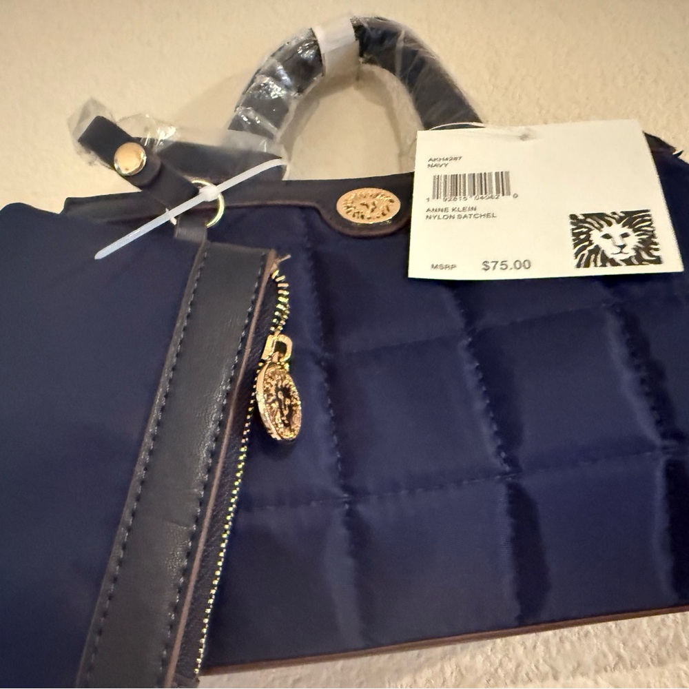 Anne Klein Quilted Navy Satchel with Gold Accents